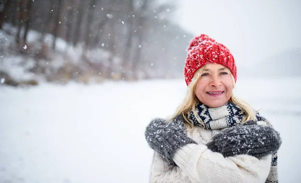 Retrato vista frontal de mujer mayor con sombrero y manoplas al aire libre de pie en la naturaleza nevada. —  Fotos de Stock