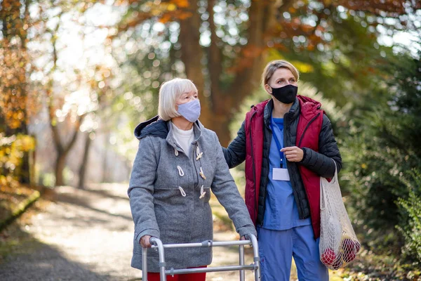 Ανώτερη γυναίκα με το περπάτημα πλαίσιο και φροντιστής σε εξωτερικούς χώρους για μια βόλτα στο πάρκο, έννοια coronavirus. — Φωτογραφία Αρχείου