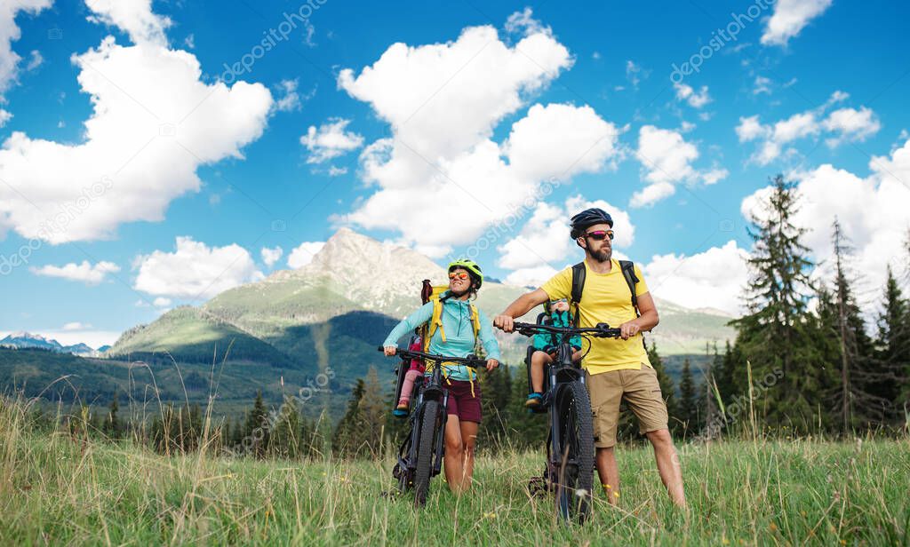 Family with small children cycling outdoors in summer nature, Tatra mountains Slovakia.