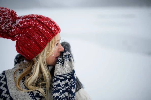 Retrato de mujer mayor con sombrero y manoplas al aire libre de pie en la naturaleza nevada. — Foto de Stock