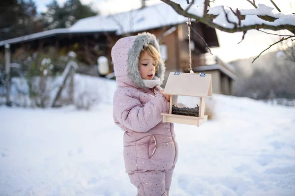 Menina pequena ao ar livre no jardim de inverno, em pé pelo alimentador de pássaros de madeira. — Fotografia de Stock