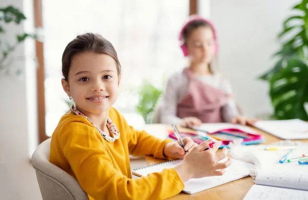 Duas meninas da escola irmãs dentro de casa, ensino à distância. — Fotografia de Stock