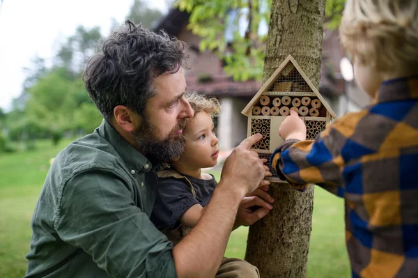 Malé děti s otcem drží brouka a hmyz hotel v zahradě, udržitelný životní styl. — Stock fotografie