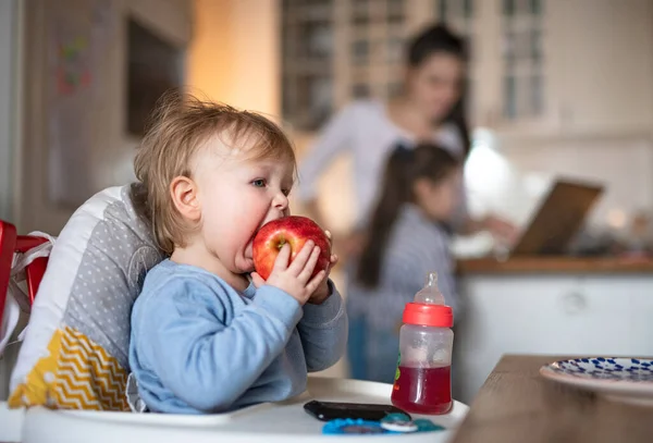 Klein peuter meisje zitten in de kinderstoel en het eten van appel. — Stockfoto