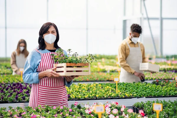 Personas que trabajan en invernadero en el centro de jardinería, tienda abierta después del cierre del coronavirus. — Foto de Stock