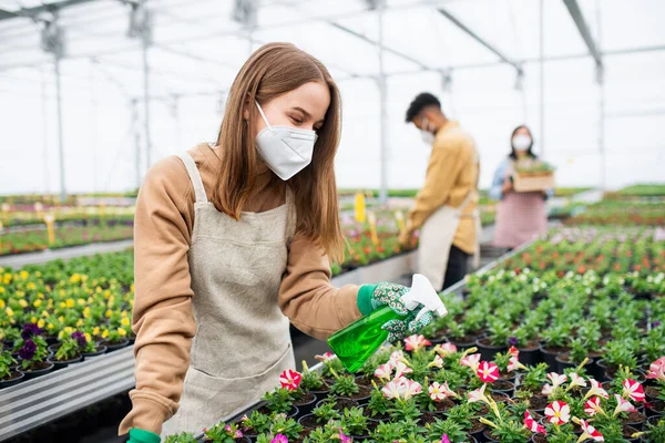 Mujer joven trabajando en invernadero en el centro de jardinería, concepto coronavirus. — Foto de Stock