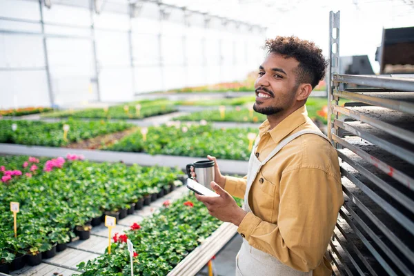 Joven afroamericano trabajando en invernadero, tomando un descanso para tomar café. — Foto de Stock