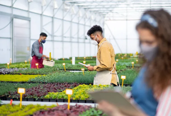 Personas que trabajan en invernadero en el centro de jardinería, concepto coronavirus. — Foto de Stock