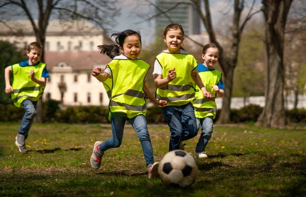 축구장에서 축구를 하는 어린아이들, 단체 교육 개념을 배우는 모습. — 스톡 사진