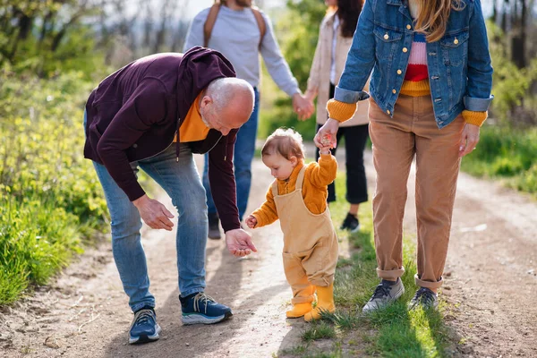 Маленький ребенок с неузнаваемыми родителями, бабушкой и дедушкой на прогулке на природе. — стоковое фото