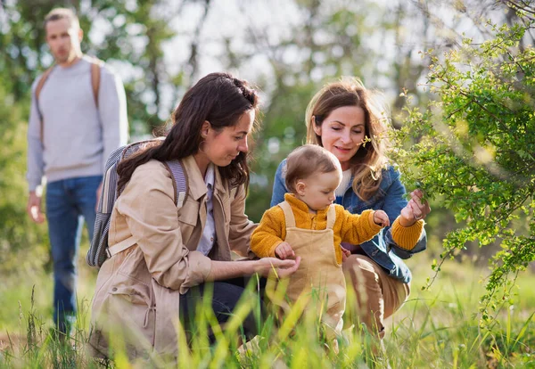 Pequeño niño con padres y abuelos en un paseo al aire libre en la naturaleza. — Foto de Stock