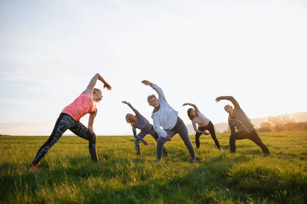 Grupa seniorów z instruktorem sportu ćwiczy na świeżym powietrzu w naturze o zachodzie słońca, aktywny styl życia. — Zdjęcie stockowe