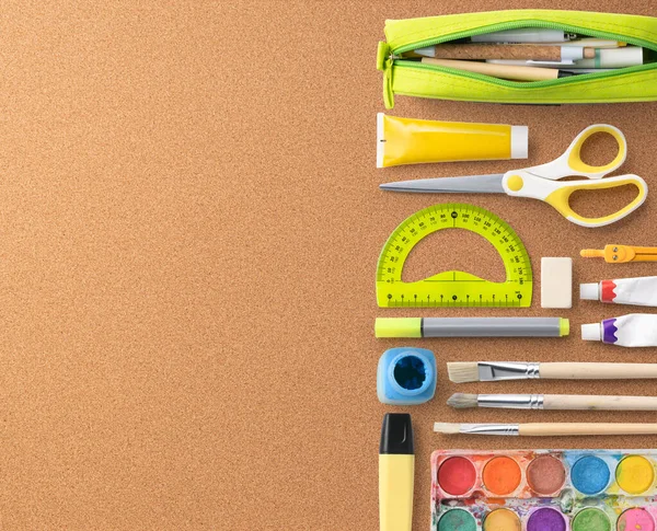 Flat lay top view of group of school supplies, back to school concept. Copy space. — Stock Photo, Image