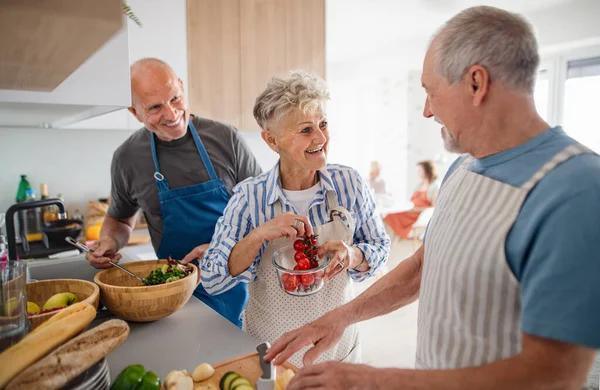 Grupo de amigos mayores que hacen fiesta en el interior, cocinando y hablando. — Foto de Stock