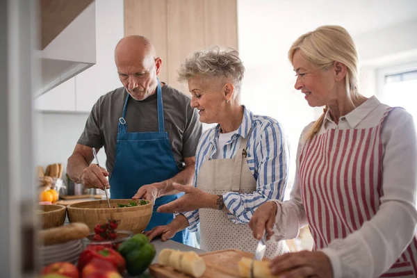 Grupp bestående av äldre vänner som festar inomhus, lagar mat och pratar. — Stockfoto