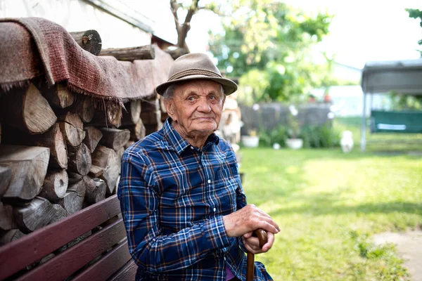 Портрет пожилого человека, сидящего на скамейке в саду, отдыхающего и смотрящего в камеру. — стоковое фото