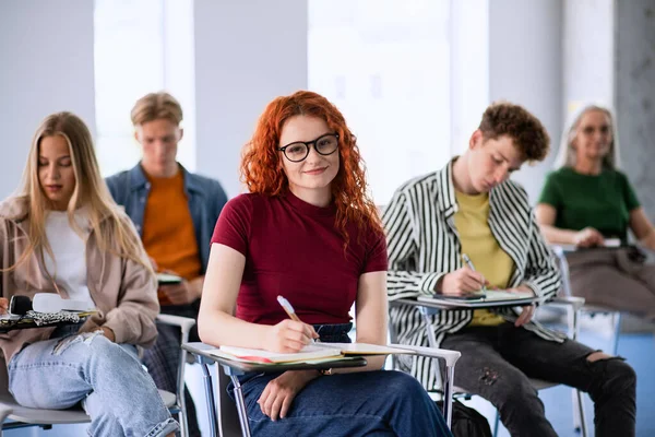 Retrato de un grupo de estudiantes universitarios sentados en el aula, estudiando. —  Fotos de Stock