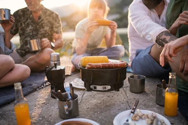 Środkowa część szczęśliwej wielopokoleniowej rodziny na wakacyjnej wycieczce, grill nad jeziorem. — Zdjęcie stockowe