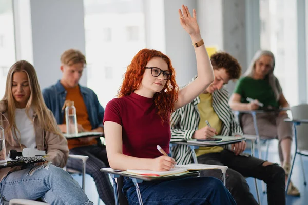 Portret grupy studentów siedzących w klasie w pomieszczeniach, studiujących. — Zdjęcie stockowe