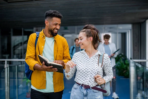 Univerzitní studenti procházející se po chodbě, mluví. — Stock fotografie