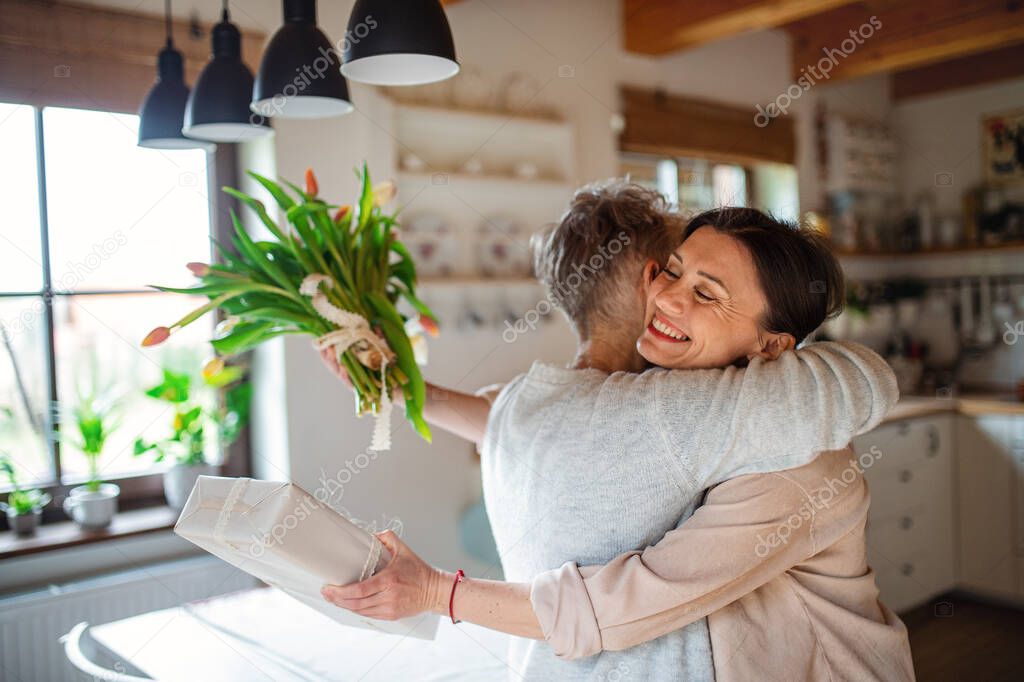 Happy senior mother hugging adult daughter indoors at home, mothers day or birthday celebration.