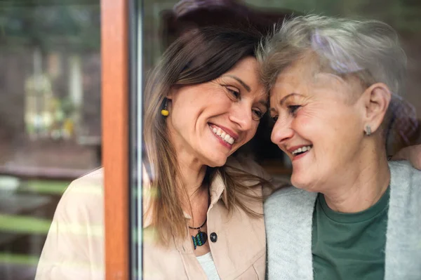 Nahaufnahme Porträt einer glücklichen Seniorin mit erwachsener Tochter zu Hause, die sich umarmt. — Stockfoto