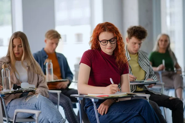 Portrét skupiny vysokoškolských studentů sedících v učebně, studujících. — Stock fotografie