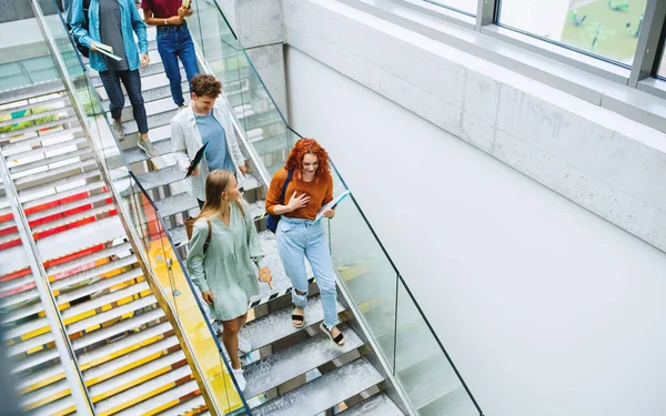 Pohled shora na studenty vysokých škol, jak jdou po schodech dovnitř a povídají si. — Stock fotografie