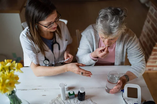 Healthcare worker or caregiver visiting senior woman indoors at home, explaining. — Stock Photo, Image