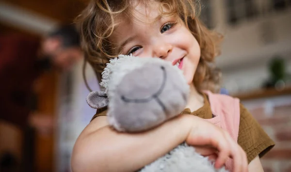 Portrait de mignonne petite fille tenant jouet à l'intérieur à la maison, regardant la caméra. — Photo