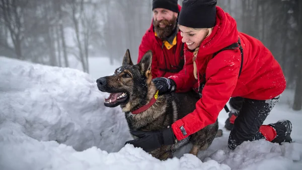 Glücklicher Bergrettungsdienst mit Hund im Winter im Wald im Einsatz. — Stockfoto