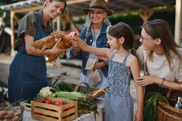 Little girl with mother stroking hen outdoors at community farmers market. — Stock Photo, Image