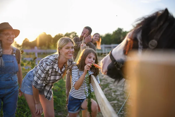 สาวน้อยกับแม่เลี้ยงม้าข้างนอกที่ฟาร์มชุมชน . — ภาพถ่ายสต็อก