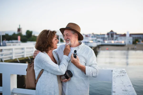 海のそばの桟橋で抱き合っている幸せな高齢者のカップル、お互いを見て. — ストック写真