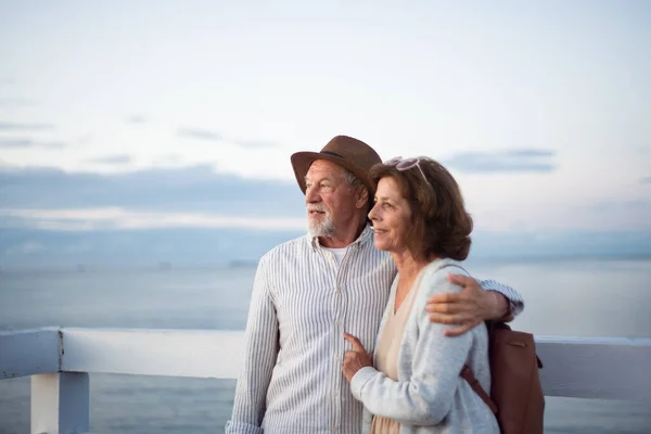 Happy senior couple hugging outdoors on pier by sea, looking at view. — Stock Photo, Image