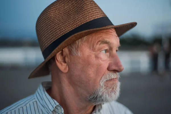 Portrait of senior man tourist loooking aside outdoors on pier by sea. — Stock Photo, Image