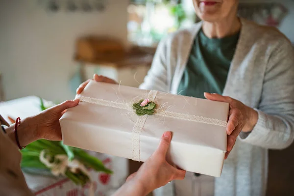 Närbild av oigenkännlig vuxen dotter ghiving present till äldre mor inomhus, mödrar dag eller födelsedag firande. — Stockfoto