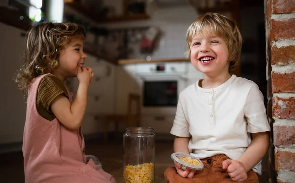 Двоє щасливих маленьких дітей вдома, їдять кукурудзяні пластівці на підлозі . — стокове фото