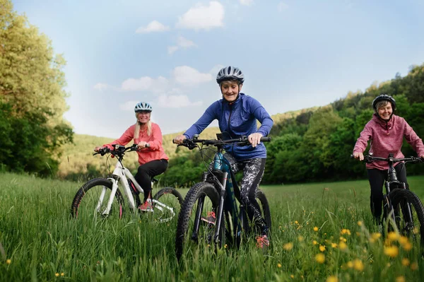 Vista a basso angolo di felici amiche anziane attive in bicicletta insieme all'aperto nella natura. — Foto Stock