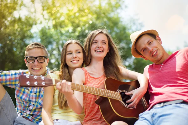 Venner med guitar have det sjovt - Stock-foto