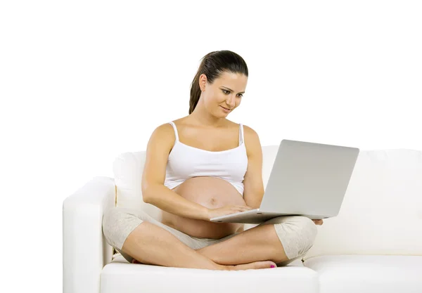 Беременная женщина печатает на ноутбуке — стоковое фото