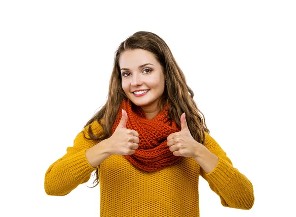 Girl gesturing thumbs up sign — Stock Photo, Image