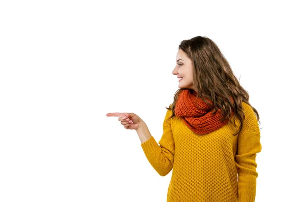 Girl is pointing in left side — Stock Photo, Image