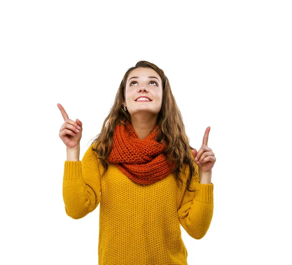 Girl is pointing upwards, — Stock Photo, Image