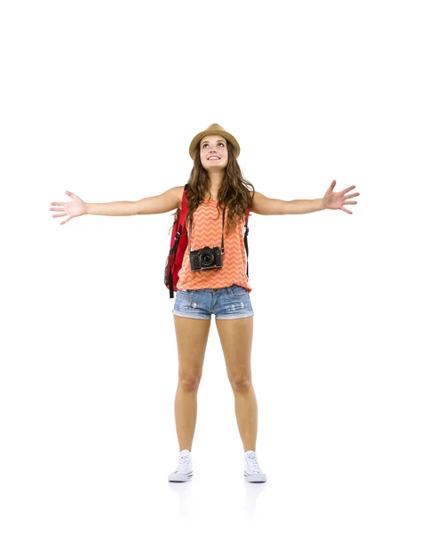 Турист с камерой и рюкзаком — стоковое фото