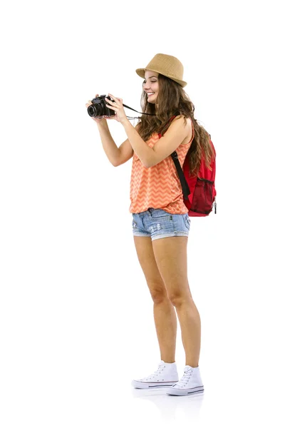 Turista con cámara y mochila —  Fotos de Stock