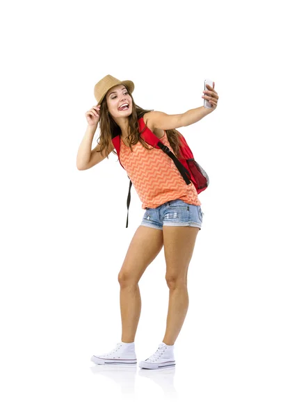 Turista s selfie na mobil — Stockfoto