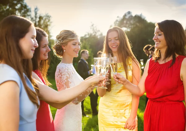 Bruidsmeisjes roosteren op de bruiloft receptie — Stockfoto