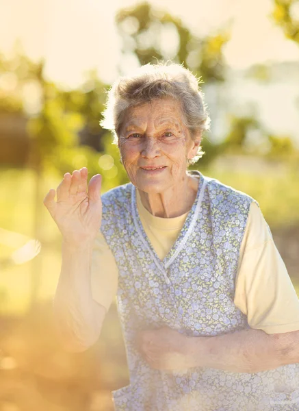 Woman in apron in  garden — Stock Photo, Image