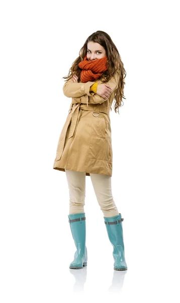 Kız sonbahar kıyafetleri ve rainboots — Stok fotoğraf